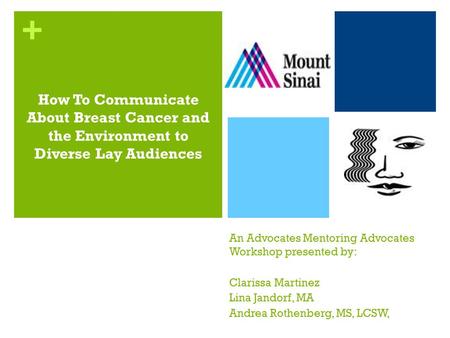 + An Advocates Mentoring Advocates Workshop presented by: Clarissa Martinez Lina Jandorf, MA Andrea Rothenberg, MS, LCSW, How To Communicate About Breast.