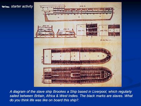  starter activity A diagram of the slave ship Brookes a Ship based in Liverpool, which regularly sailed between Britain, Africa & West Indies. The black.