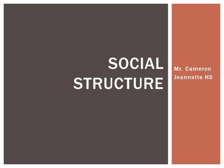 Mr. Cameron Jeannette HS SOCIAL STRUCTURE.  Sociologists have often viewed society as a system of interrelated parts, or as a structure  Social structure.