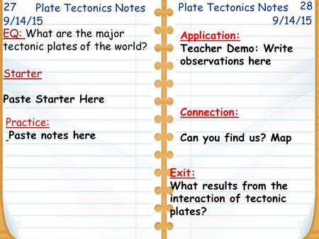 EQ: What are the major tectonic plates of the world? Plate Tectonics Notes 28 Starter Paste Starter Here Plate Tectonics Notes 9/14/15 Application: Teacher.