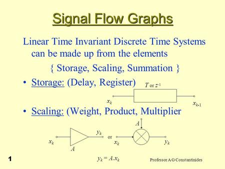 Professor A G Constantinides 1 Signal Flow Graphs Linear Time Invariant Discrete Time Systems can be made up from the elements { Storage, Scaling, Summation.