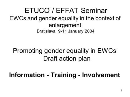 1 ETUCO / EFFAT Seminar EWCs and gender equality in the context of enlargement Bratislava, 9-11 January 2004 Promoting gender equality in EWCs Draft action.
