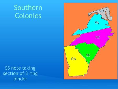 Southern Colonies SS note taking section of 3 ring binder.