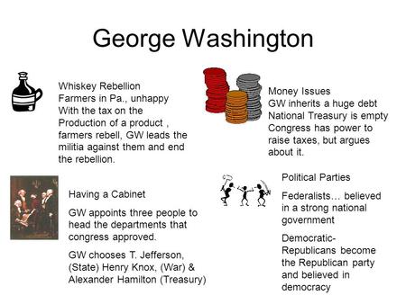 George Washington Whiskey Rebellion Farmers in Pa., unhappy With the tax on the Production of a product, farmers rebell, GW leads the militia against.
