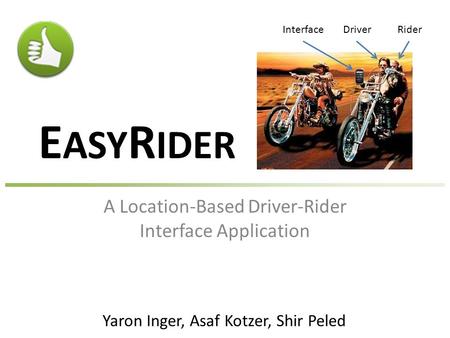 E ASY R IDER A Location-Based Driver-Rider Interface Application DriverRiderInterface Yaron Inger, Asaf Kotzer, Shir Peled.