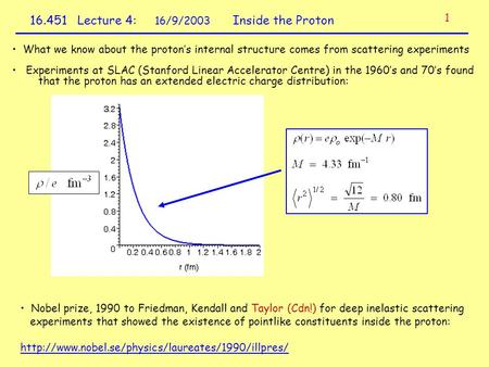 16.451 Lecture 4: 16/9/2003 Inside the Proton What we know about the proton’s internal structure comes from scattering experiments Experiments at SLAC.