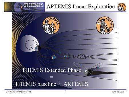 ARTEMIS’s Planetary Goals 1 June 13, 2008 THEMIS Extended Phase = THEMIS baseline + ARTEMIS ARTEMIS Lunar Exploration.