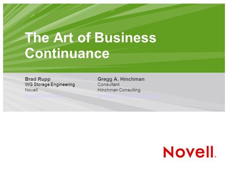 The Art of Business Continuance Brad Rupp WG Storage Engineering Novell  Gregg A. Hinchman Consultant Hinchman Consulting.