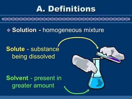 A. Definitions  Solution -  Solution - homogeneous mixture Solvent Solvent - present in greater amount Solute Solute - substance being dissolved.