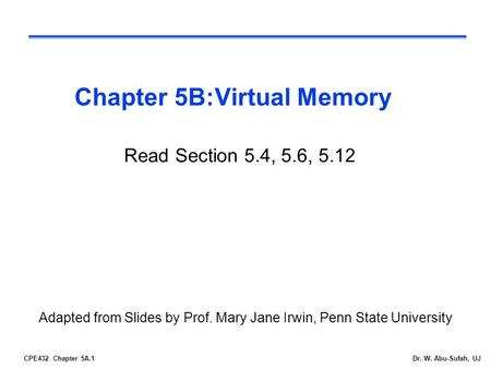 CPE432 Chapter 5A.1Dr. W. Abu-Sufah, UJ Chapter 5B:Virtual Memory Adapted from Slides by Prof. Mary Jane Irwin, Penn State University Read Section 5.4,