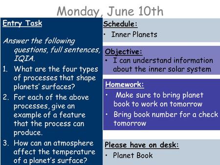 Monday, June 10th Entry Task Answer the following questions, full sentences, IQIA. 1.What are the four types of processes that shape planets’ surfaces?
