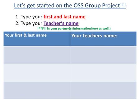 Let’s get started on the OSS Group Project!!! Your first & last name Your teachers name: 1.Type your first and last name 2.Type your Teacher’s name (**Fill.