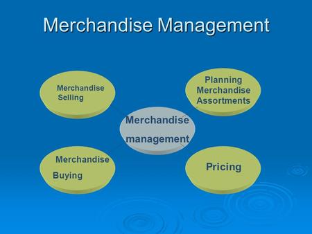 Merchandise Management Merchandise Buying Planning Merchandise Assortments Merchandise management Pricing Merchandise Selling.