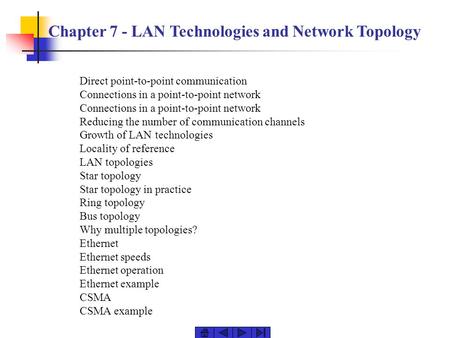 Chapter 7 - LAN Technologies and Network Topology Direct point-to-point communication Connections in a point-to-point network Reducing the number of communication.