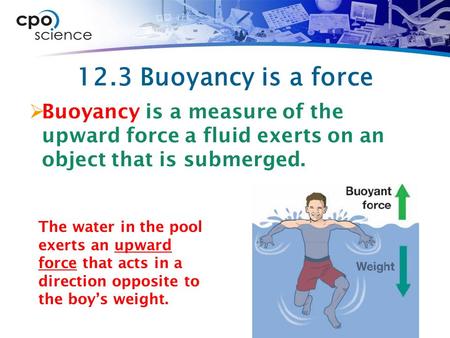 12.3 Buoyancy is a force Buoyancy is a measure of the upward force a fluid exerts on an object that is submerged. The water in the pool exerts an upward.
