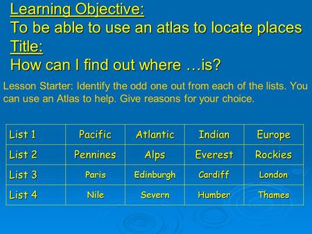 Learning Objective: To be able to use an atlas to locate places Title: How can I find out where …is? Lesson Starter: Identify the odd one out from each.
