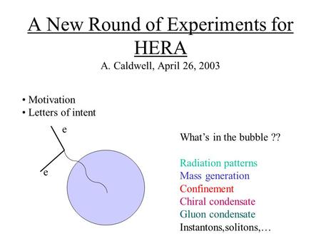A New Round of Experiments for HERA A. Caldwell, April 26, 2003 Motivation Letters of intent e e What’s in the bubble ?? Radiation patterns Mass generation.