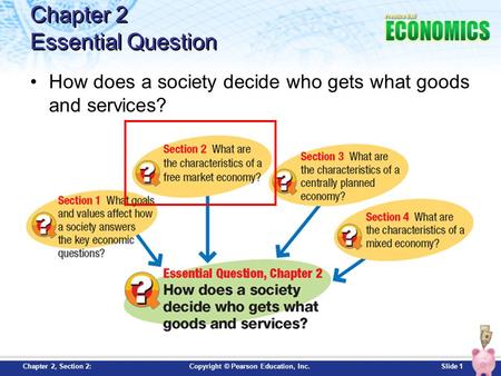 Slide 1Copyright © Pearson Education, Inc.Chapter 2, Section 2: Chapter 2 Essential Question How does a society decide who gets what goods and services?