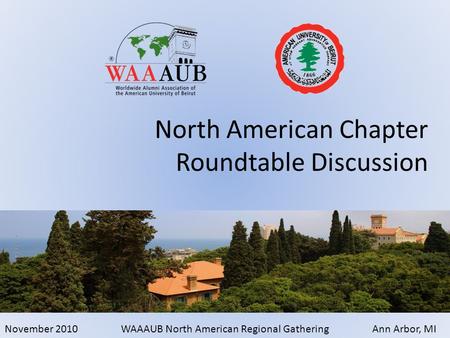 November 2010WAAAUB North American Regional GatheringAnn Arbor, MI North American Chapter Roundtable Discussion.