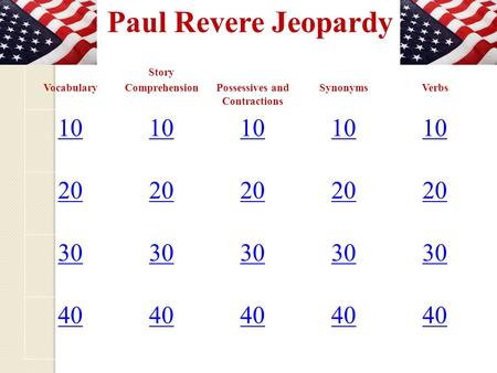 Paul Revere Jeopardy Vocabulary Story ComprehensionPossessives and Contractions SynonymsVerbs 10 20 30 40.