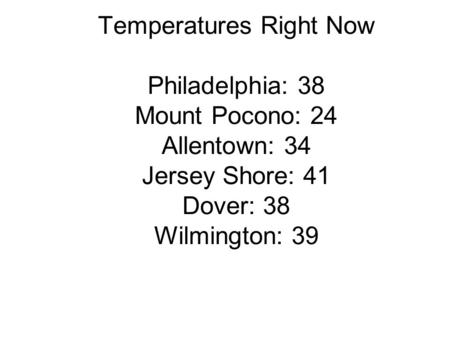 Temperatures Right Now Philadelphia: 38 Mount Pocono: 24 Allentown: 34 Jersey Shore: 41 Dover: 38 Wilmington: 39.
