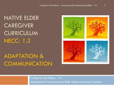 NATIVE ELDER CAREGIVER CURRICULUM NECC: 1.3 ADAPTATION & COMMUNICATION Caring for Our Elders: 1.3 Adaptation & Communication Skills related to Sensory.