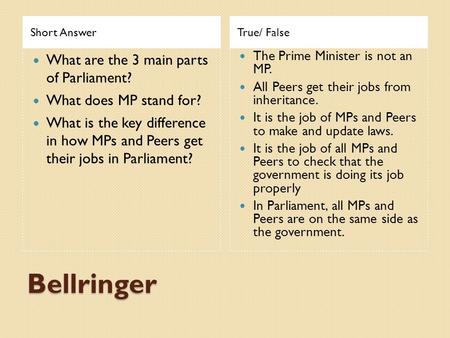Short AnswerTrue/ False What are the 3 main parts of Parliament? What does MP stand for? What is the key difference in how MPs and Peers get their jobs.
