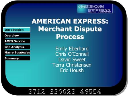 3712 330023 46554 Overview AMEX Service Gap Analysis Macro Strategies Summary Introduction 3712 330023 46554 AMERICAN EXPRESS: Merchant Dispute Process.