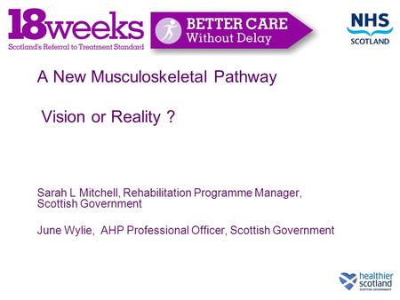 A New Musculoskeletal Pathway Vision or Reality ? Sarah L Mitchell, Rehabilitation Programme Manager, Scottish Government June Wylie, AHP Professional.