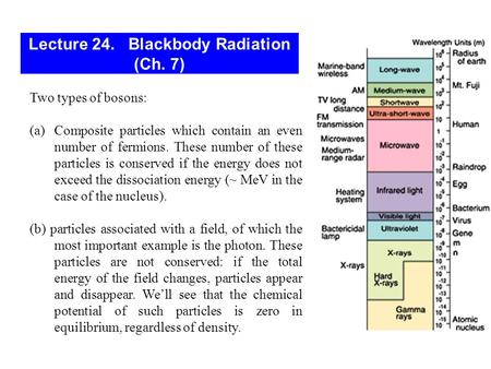 Lecture 24. Blackbody Radiation (Ch. 7) Two types of bosons: (a)Composite particles which contain an even number of fermions. These number of these particles.