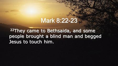 Mark 8:22-23 22 They came to Bethsaida, and some people brought a blind man and begged Jesus to touch him.