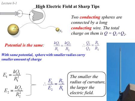 Lecture 8-1 High Electric Field at Sharp Tips Two conducting spheres are connected by a long conducting wire. The total charge on them is Q = Q 1 +Q 2.