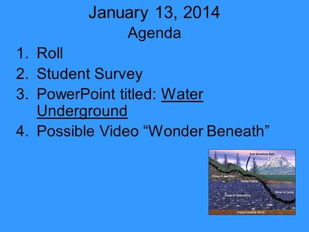 January 13, 2014 Agenda 1.Roll 2.Student Survey 3.PowerPoint titled: Water Underground 4.Possible Video “Wonder Beneath”