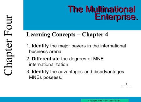 Chapter Four Copyright, John Wiley and Sons, Inc. Chapter Four three Learning Concepts – Chapter 4 1. Identify the major payers in the international business.