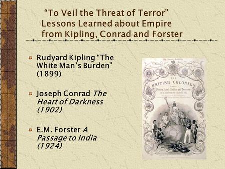 “To Veil the Threat of Terror” Lessons Learned about Empire from Kipling, Conrad and Forster Rudyard Kipling “The White Man’s Burden” (1899) Joseph Conrad.