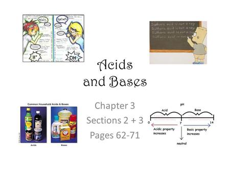 Acids and Bases Chapter 3 Sections 2 + 3 Pages 62-71.