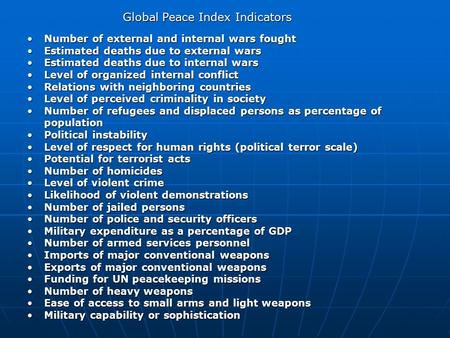 Global Peace Index Indicators Global Peace Index Indicators Number of external and internal wars foughtNumber of external and internal wars fought Estimated.