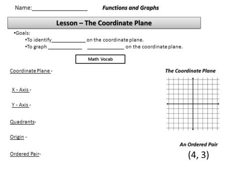 Lesson – The Coordinate Plane Functions and Graphs Name:__________________ Goals: To identify____________ on the coordinate plane. To graph ____________.