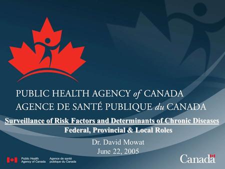 Dr. David Mowat June 22, 2005 Federal, Provincial & Local Roles Surveillance of Risk Factors and Determinants of Chronic Diseases.