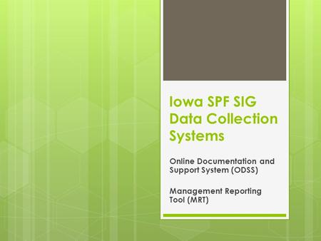 Iowa SPF SIG Data Collection Systems Online Documentation and Support System (ODSS) Management Reporting Tool (MRT)