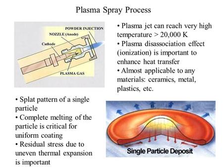 Plasma Spray Process Plasma jet can reach very high temperature > 20,000 K Plasma disassociation effect (ionization) is important to enhance heat transfer.