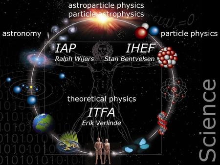 Science astronomyparticle physics astroparticle physics particle astrophysics IHEF Stan Bentvelsen IAP Ralph Wijers ITFA Erik Verlinde theoretical physics.