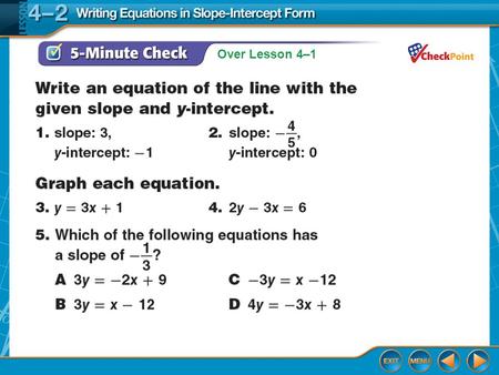 Over Lesson 4–1. Splash Screen Writing Equations in Slope-Intercept Form Lesson 4-2.
