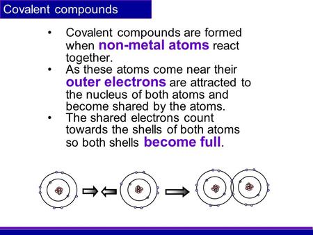 Covalent compounds Covalent compounds are formed when non-metal atoms react together. As these atoms come near their outer electrons are attracted to the.