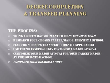The process:  Think about what you want to do in the long term  Research your chosen career/major; identify a school  Find the school’s transfer guides.