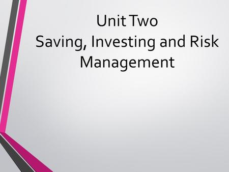 Unit Two Saving, Investing and Risk Management. Lesson One: Financial Institutions Objective: Students will be able to identify what a financial institution.
