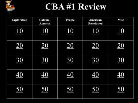 CBA #1 Review ExplorationColonial America PeopleAmerican Revolution Misc 10 20 30 40 50.