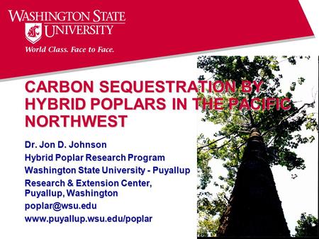 CARBON SEQUESTRATION BY HYBRID POPLARS IN THE PACIFIC NORTHWEST Dr. Jon D. Johnson Hybrid Poplar Research Program Washington State University - Puyallup.