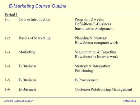 Arnhem Business SchoolE-Marketing E-Marketing Course Outline Period 1 1-1Course IntroductionProgram 12 weeks Definitions E-Business Introduction Assignment.