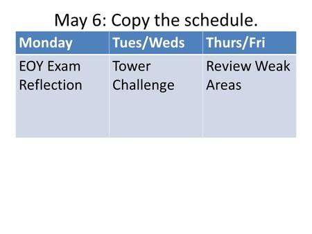 May 6: Copy the schedule. MondayTues/WedsThurs/Fri EOY Exam Reflection Tower Challenge Review Weak Areas.